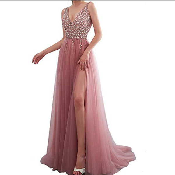 Robe longue à col en V sexy brodée de paillettes de couleur unie pour femmes