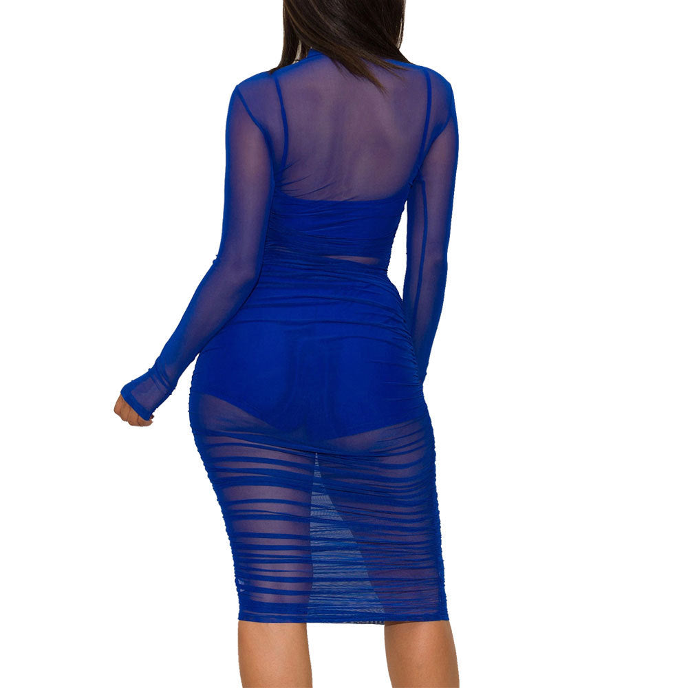 Hübsches Nachtclub-Mesh-Kleid, dreiteiliges Set mit Shorts