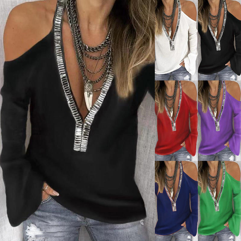 Women's Solid Color V-neck Sequined Long-sleeved T-shirt Blouses