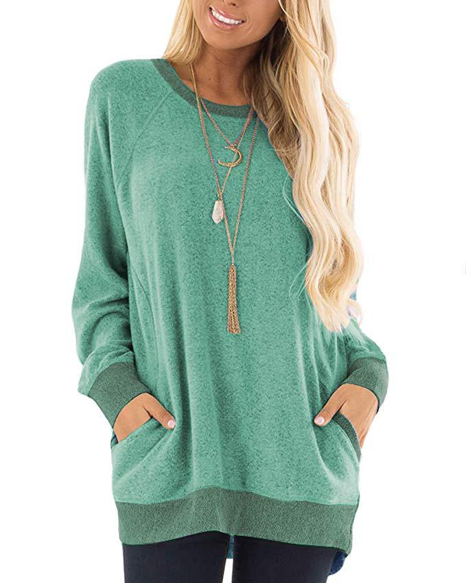 Women's Round Neck Color Pocket Long Sleeve Pullover Sweaters