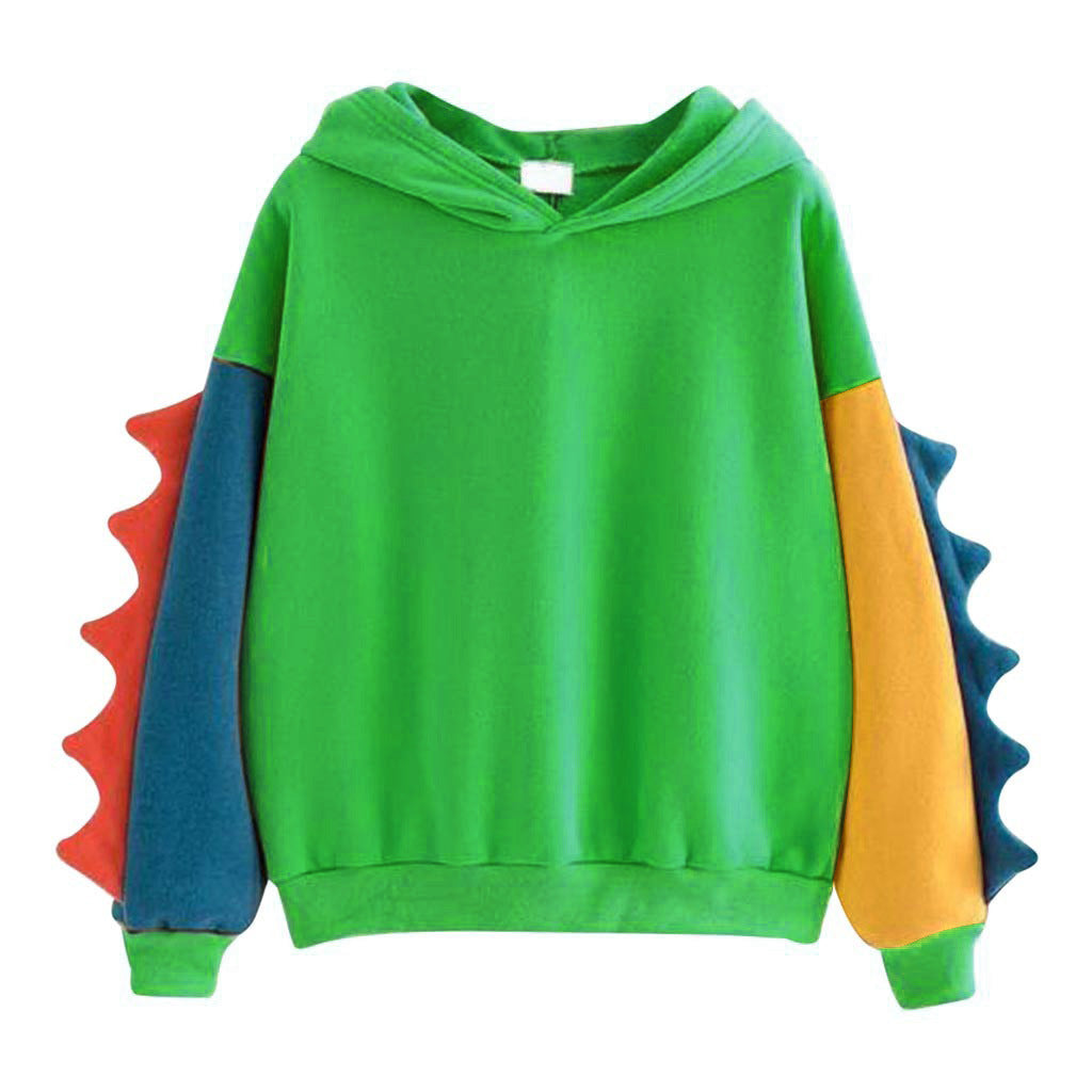 Irregular Dinosaur Contrast Color Hooded Long Sweaters