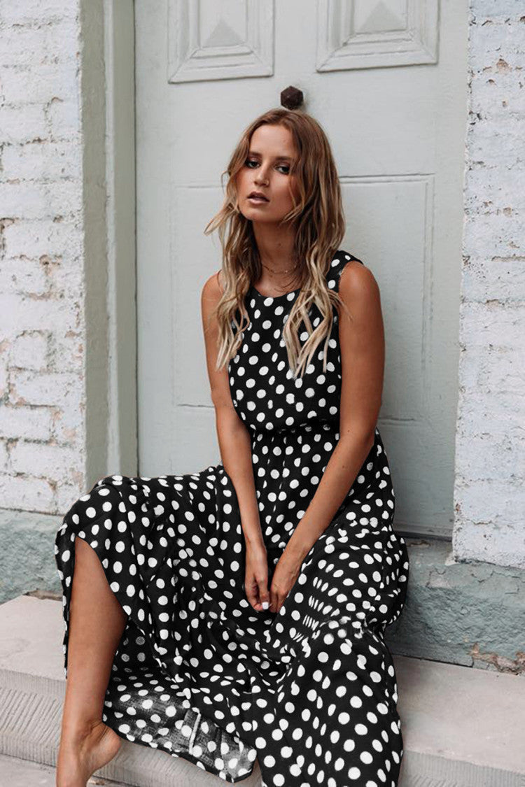 Fashion Sweet Dot Round Neck Sleeveless Female Dresses