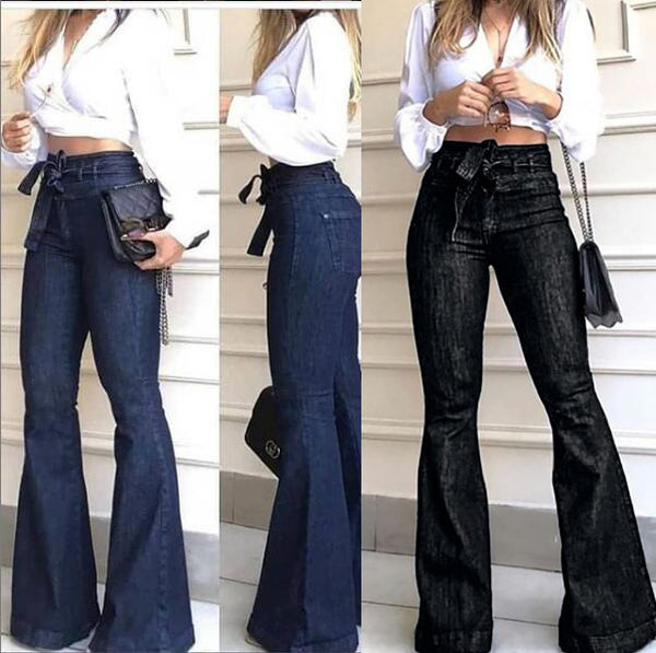 High Waist Elastic Lace-up Bell-bottom Wide Pants