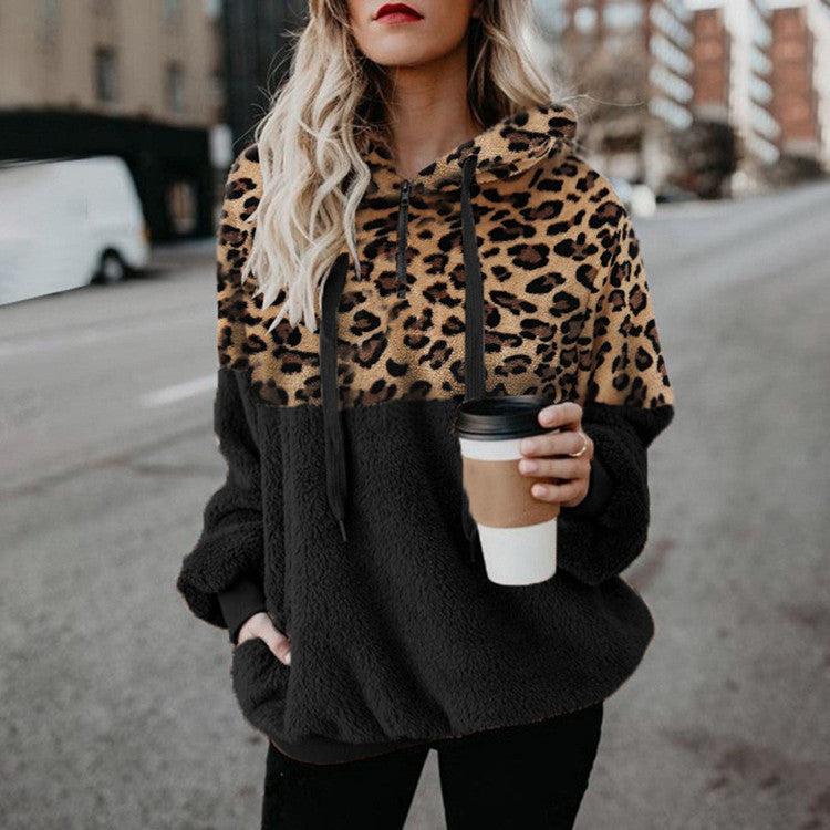 Women's Sexy Leopard Print Zipper Pocket Fleece Sweaters