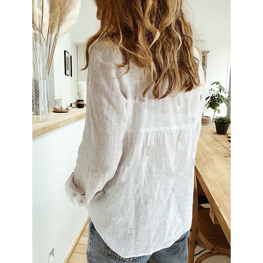 Solid Color Casual Loose Long-sleeved Linen Blouses