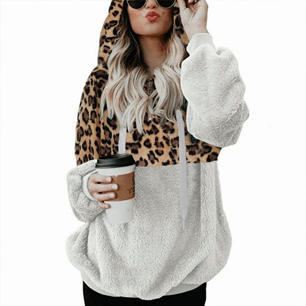 Women's Sexy Leopard Print Zipper Pocket Fleece Sweaters