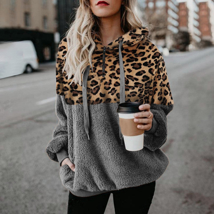 Women's Sexy Leopard Print Zipper Pocket Fleece Sweaters