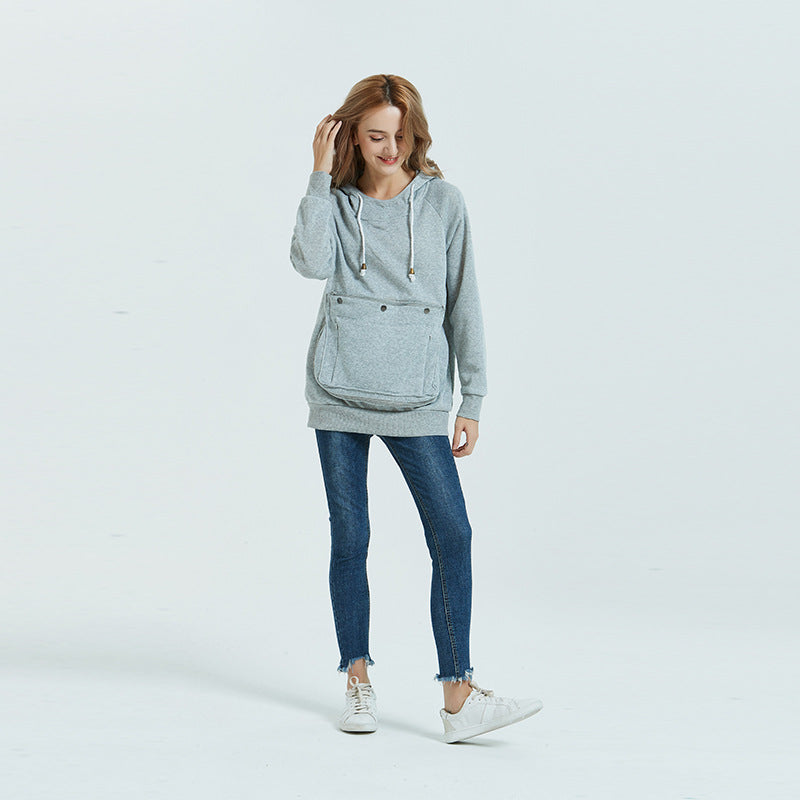 Damen-Pullover mit Haustier-Kapuze, lockere einfarbige Pullover mit großen Taschen