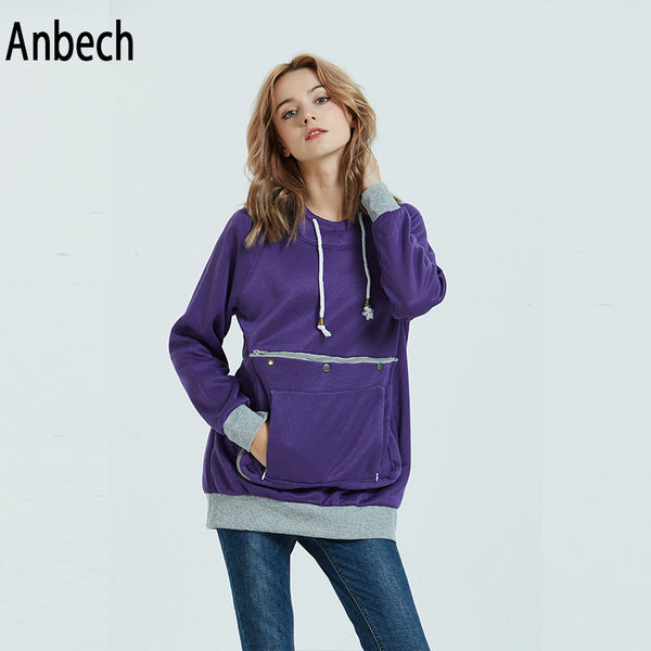 Damen-Pullover mit Haustier-Kapuze, lockere einfarbige Pullover mit großen Taschen