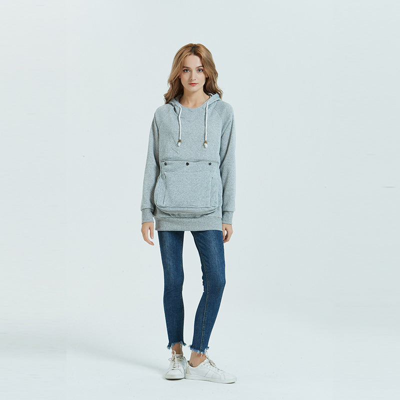 Damen-Pullover mit Haustier-Kapuze, lockere einfarbige Pullover mit großen Taschen