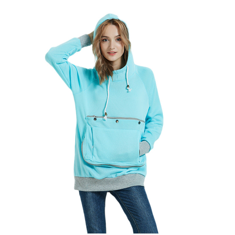 Damen-Pullover mit Haustier-Kapuze, lockere einfarbige Pullover mit großen Taschen