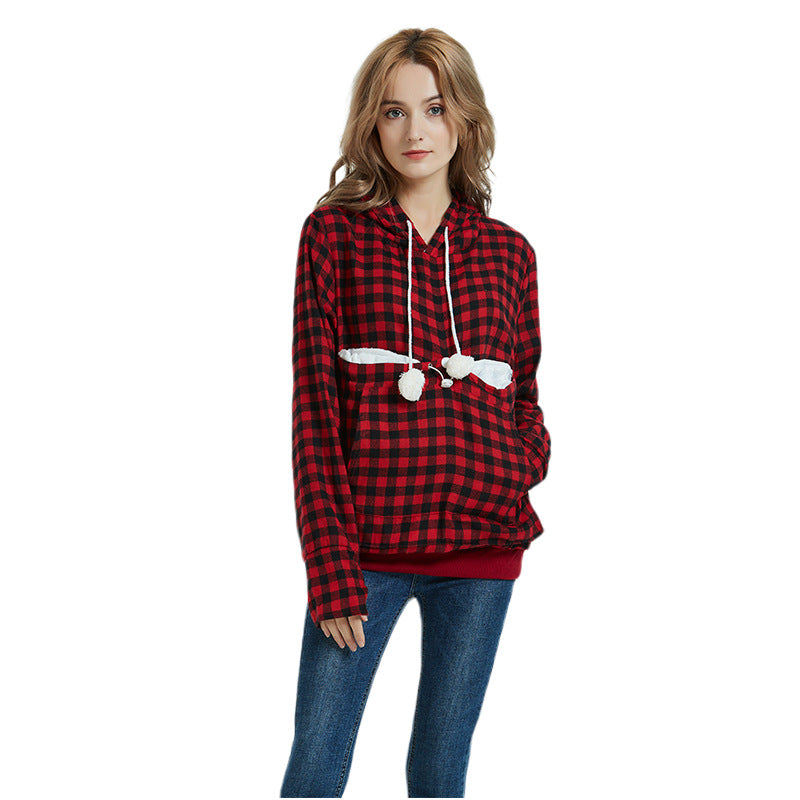 Women's Casual Plaid Pullover Large Pocket Pet Sweaters