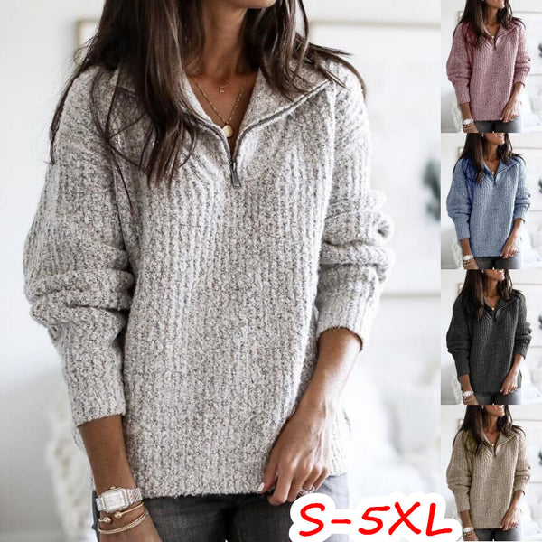 Damen-Pullover mit klassischem, klassischem Reißverschluss und langen Ärmeln