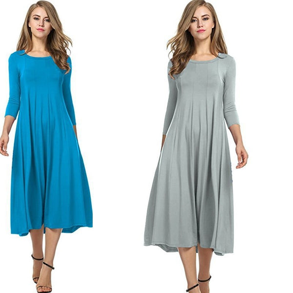 Women's Autumn Round Neck Shirt Half Sleeve Solid Color Wide Hem Dresses