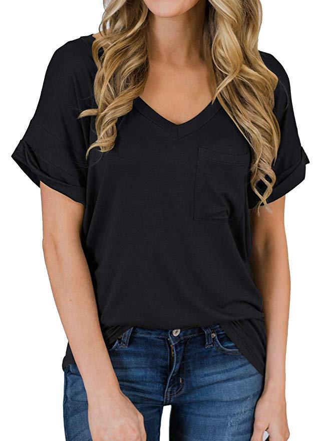 Women's V-neck Pocket T-shirt Sleeve Loose Tops