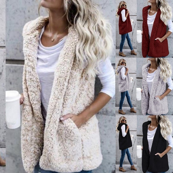 Women's Fashion Solid Color Sleeveless Hooded Pocket Sweaters