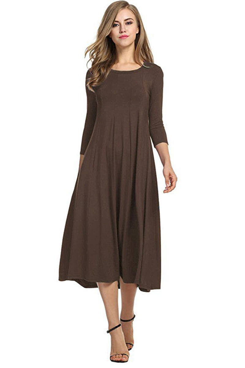 Women's Autumn Round Neck Shirt Half Sleeve Solid Color Wide Hem Dresses