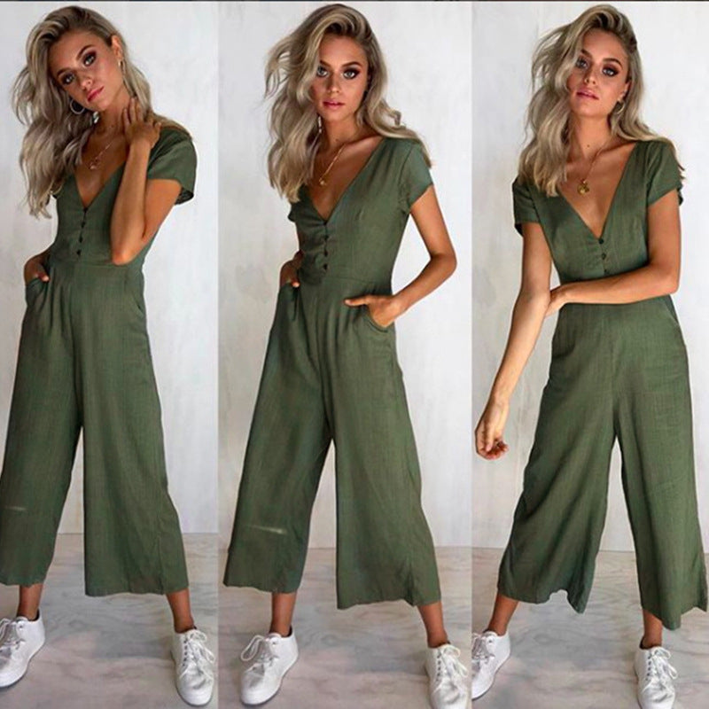 Women's Fashion Buttons Hollow Backless Short-sleeved Casual Suits