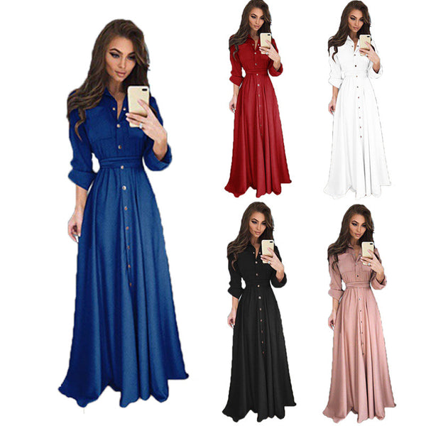 Robes coupe cintrée à manches longues et boutons pour femmes, 5 couleurs, 8 tailles