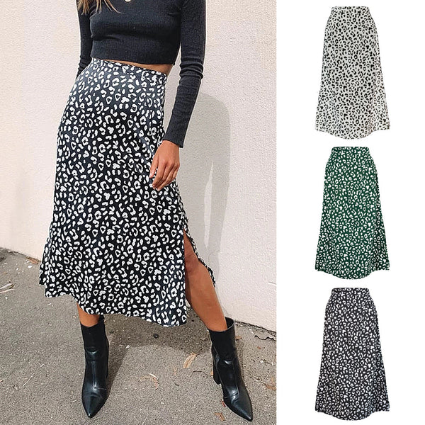 Women's Leopard Print Chiffon Floral Sexy Zipper High Waist Skirts