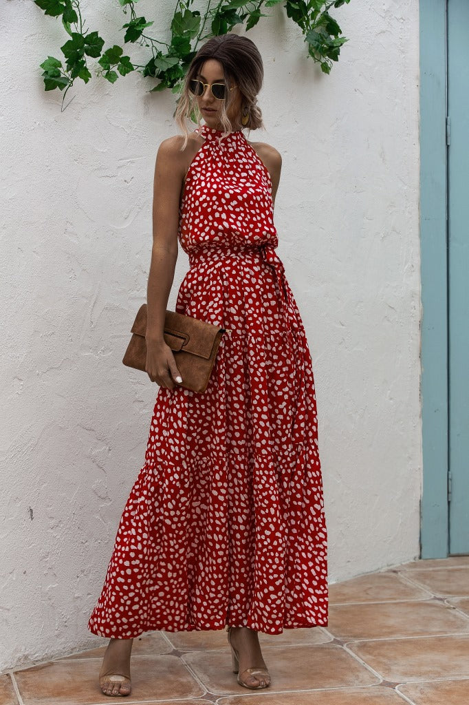 Color Dot Printed Halter Tied Long Dresses