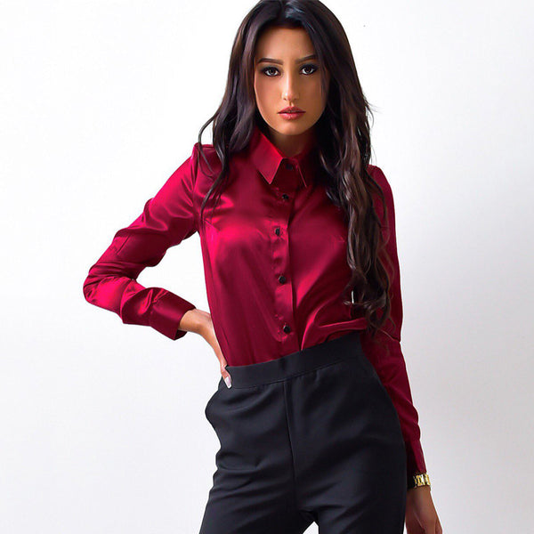 Women's Satin Small Shirt Long Sleeve Lapel Blouses