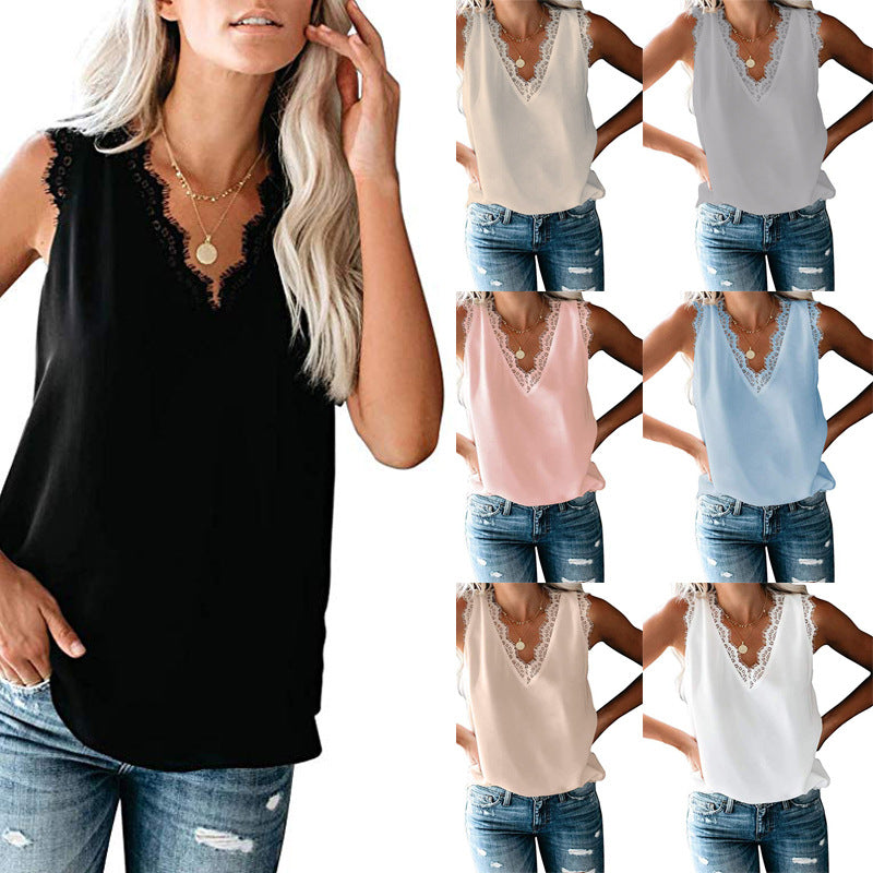 Women's Summer Solid Color Lace V-neck Sleeveless Blouses