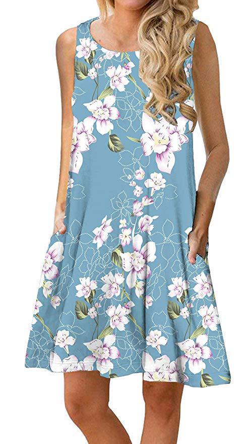 Printed Sleeveless Round Neck Pocket Beach Dresses