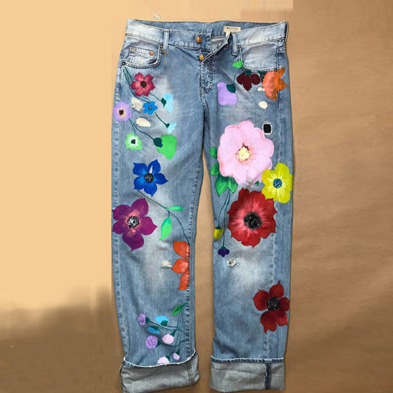 Women's Straight-leg Fashion Printed Denim Trousers Jeans