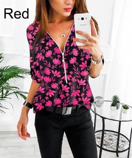 Women's Floral Print Mid-sleeve Long Sleeve Zipper Blouses