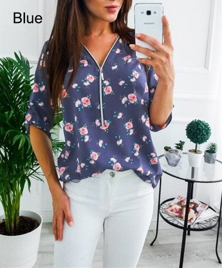 Women's Floral Print Mid-sleeve Long Sleeve Zipper Blouses