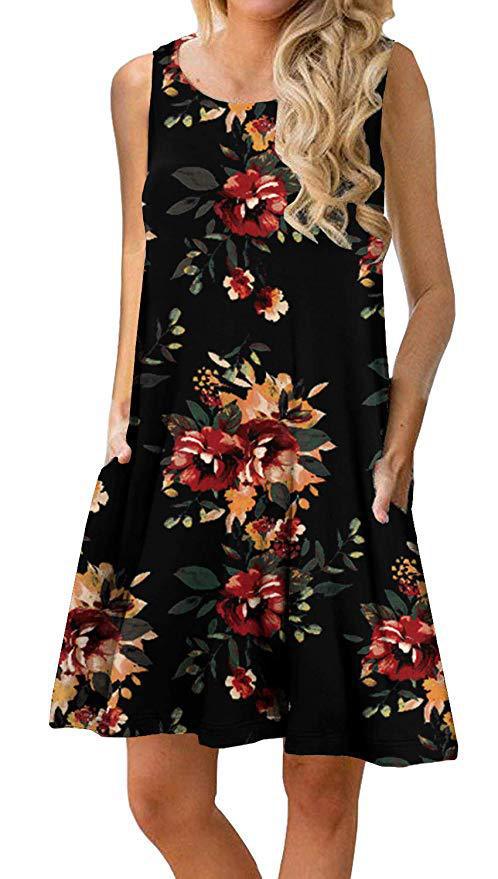 Printed Sleeveless Round Neck Pocket Beach Dresses