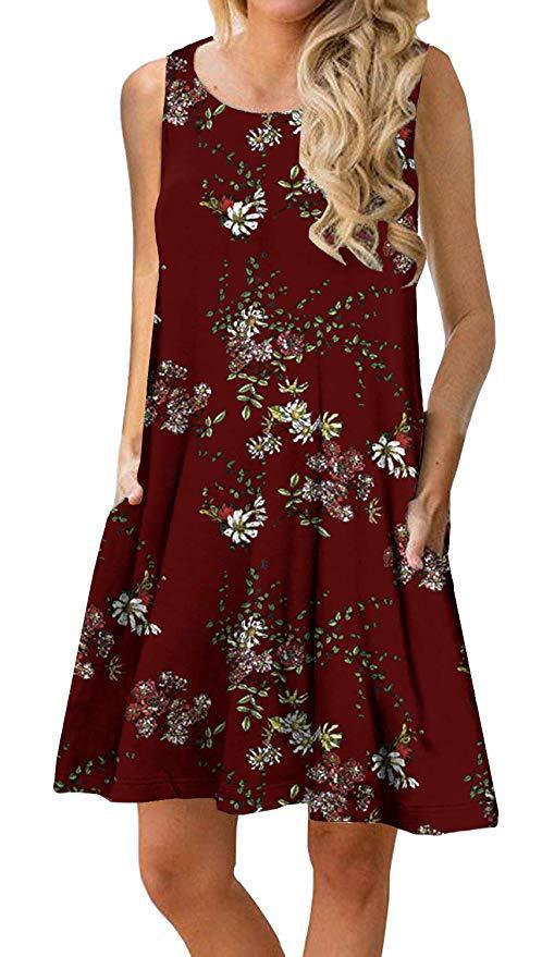 Printed Sleeveless Round Neck Pocket Beach Dresses