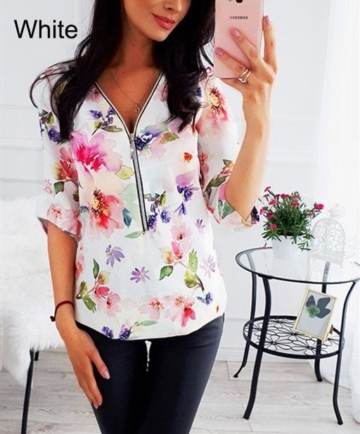 Women's Floral Print Mid-sleeve Long Sleeve Zipper Blouses