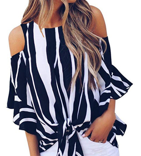 Women's Autumn Round Neck Off-the-shoulder Flared 3/4 Sleeve Vertical Striped Blouses