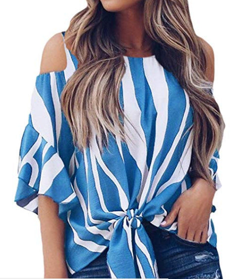 Women's Autumn Round Neck Off-the-shoulder Flared 3/4 Sleeve Vertical Striped Blouses