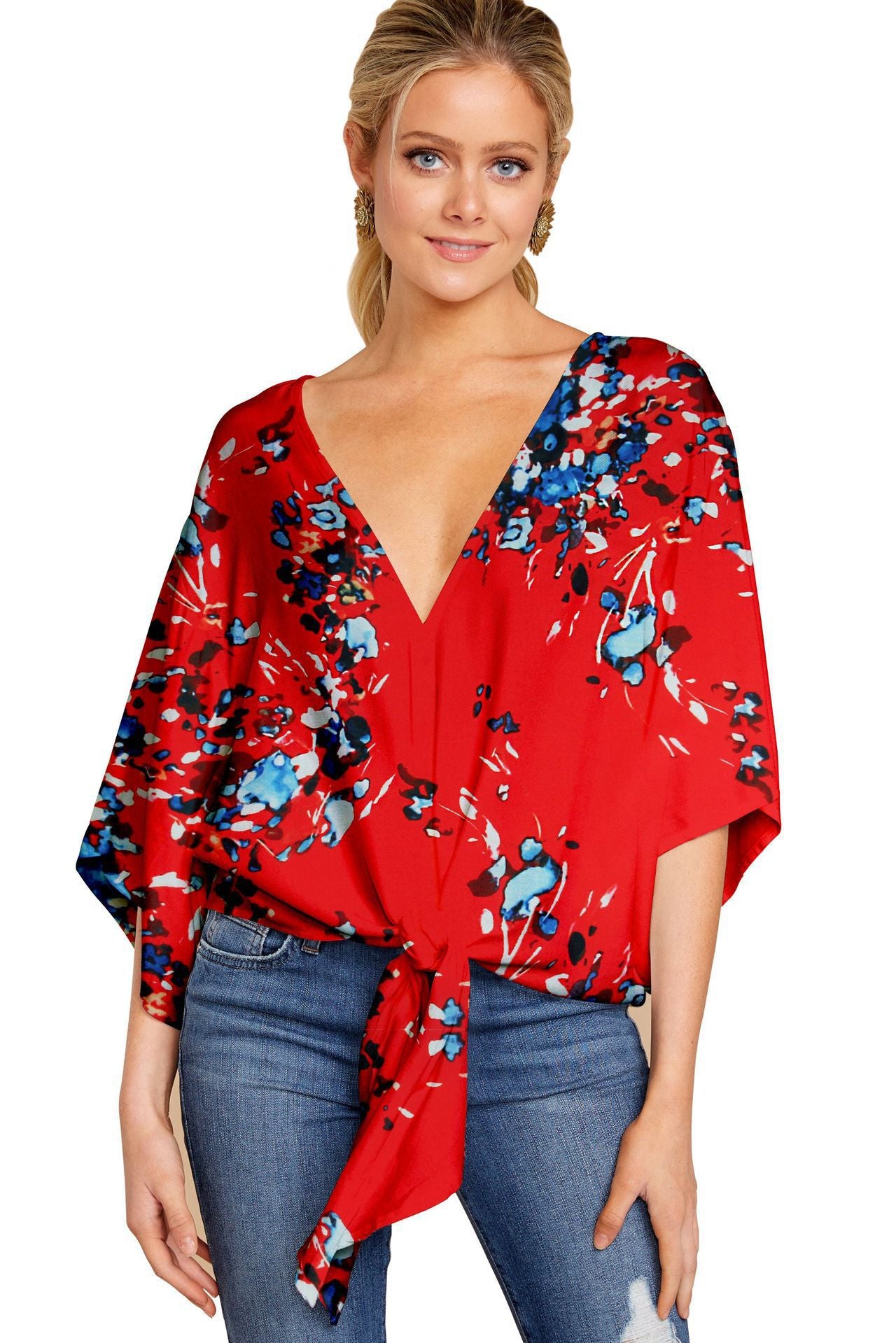 Women's Unique V-neck Short-sleeved Knotted Printed Blouses