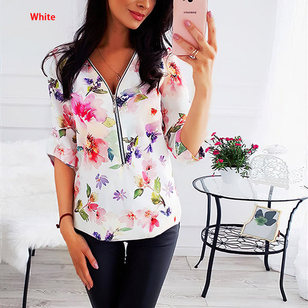 Women's Floral Print Mid-sleeve Long Sleeve Zipper Blouses