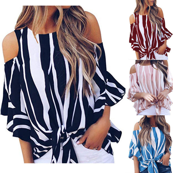 Women's Autumn Round Neck Off-the-shoulder Flared 3/4 Sleeve Vertical Striped Blouses