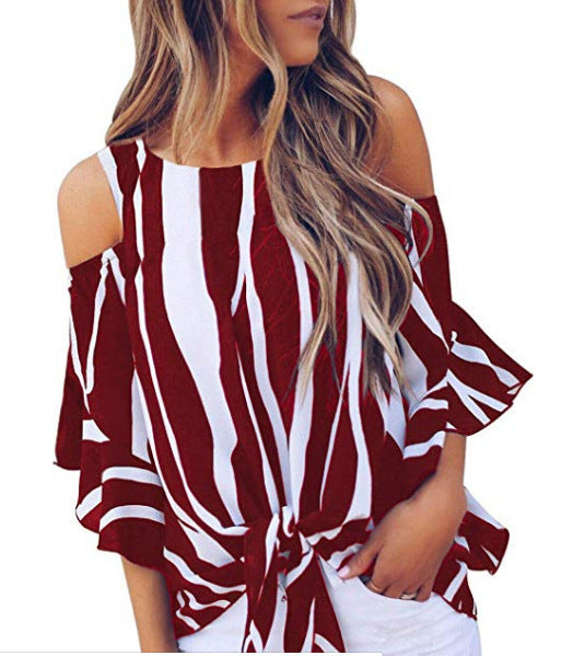 Women's Autumn Round Neck Off-the-shoulder Flared 3/4 Sleeve Vertical Striped Blouses