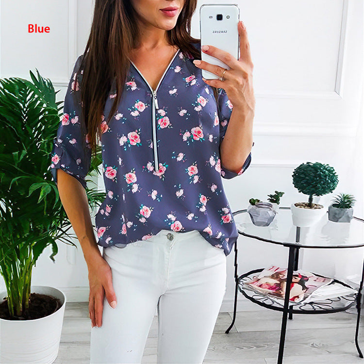 Women's Floral Print Mid-sleeve Long Sleeve Zipper Blouses