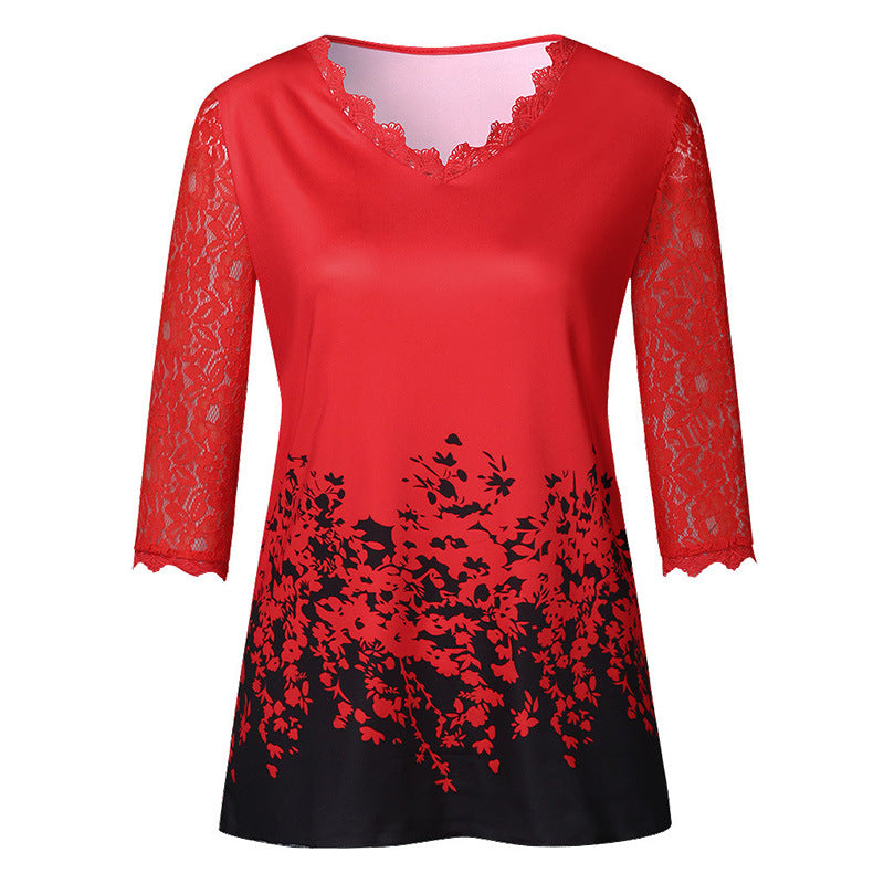 New Spring Lace V-neck Printed T-shirt Blouses