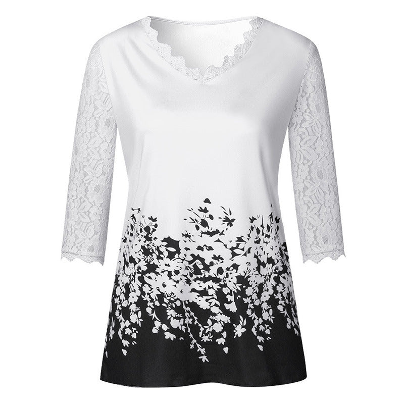 New Spring Lace V-neck Printed T-shirt Blouses