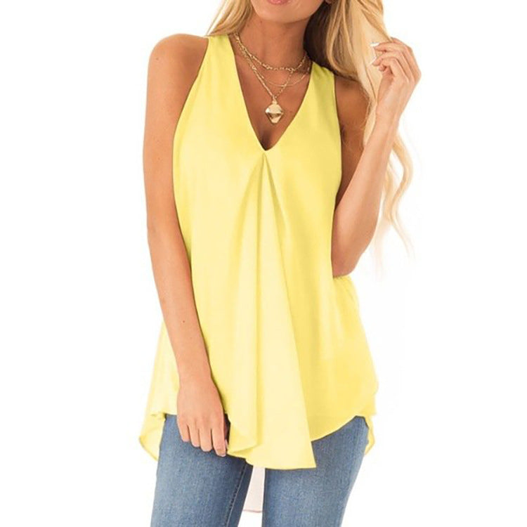 Summer Hem Loose Sleeveless Solid Color Chiffon Blouses