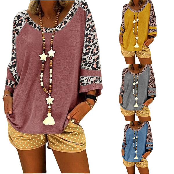 Women's Leopard Print Sleeve Stitching T-shirt Tops