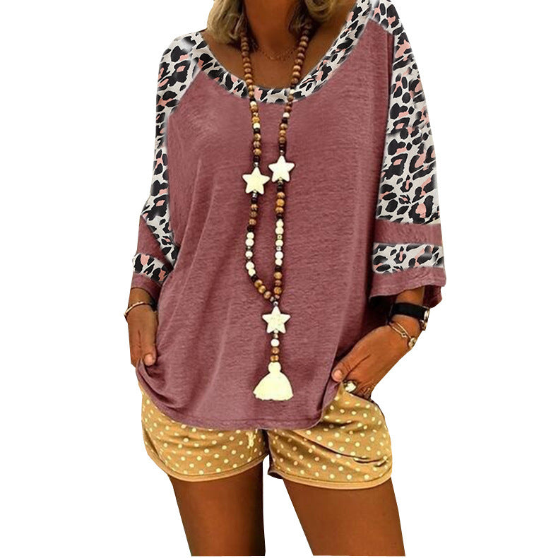 Women's Leopard Print Sleeve Stitching T-shirt Tops