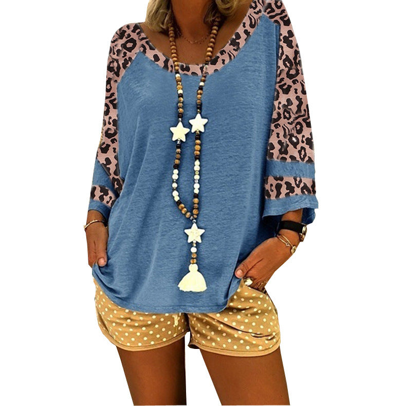 Women's Leopard Print Sleeve Stitching T-shirt Tops