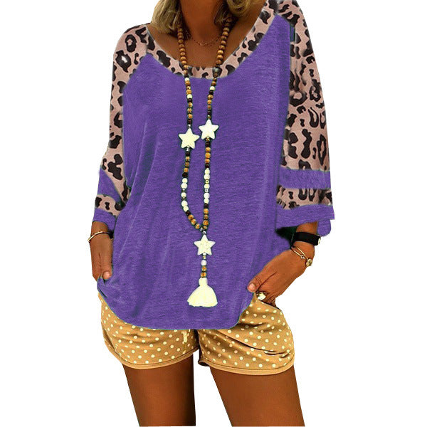 Women's Leopard Print Sleeve Stitching T-shirt Tops