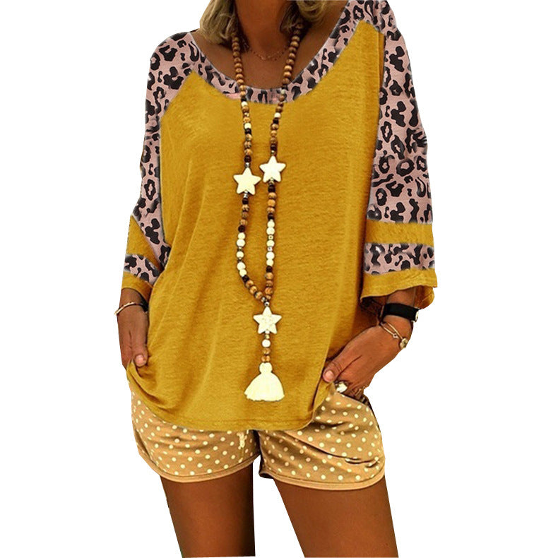 Women's Leopard Print Sleeve Stitching T-shirt Tops