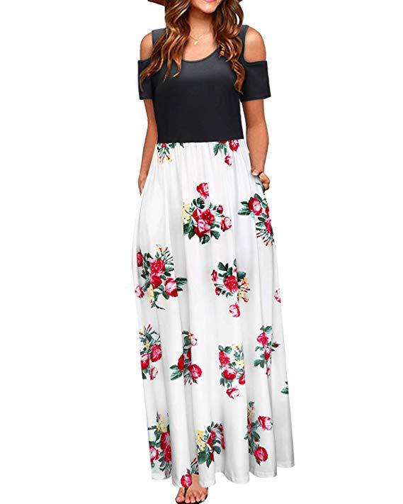 Round Neck Off-the-shoulder Color Printed Elegant Long Dresses